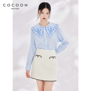 misscocoon绣花衬衫，春款优雅减龄大翻领，长绒棉蓝色上衣