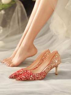 法式水晶鞋2024香槟色结婚鞋，水钻蝴蝶结尖头，高跟鞋女细跟单鞋