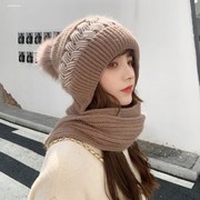 帽子围巾一体女冬2023女士毛线帽冬季带围脖，保暖加厚加绒连帽