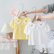 童装夏季女童蕾丝翻领短袖衬衫，婴儿纯棉上衣儿童衬衣女宝宝娃娃衫