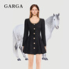 GARGA高级感黑色钻饰圆领收腰连衣裙女法式小香风气质显瘦a字短裙