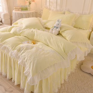 韩式公主风床裙款四件套蕾丝被套，少女心全纯色床单水洗棉床上用品