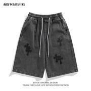 BOYUE帛跃夏季十字架牛仔短裤男欧美风街头嘻哈裤子设计个性宽松