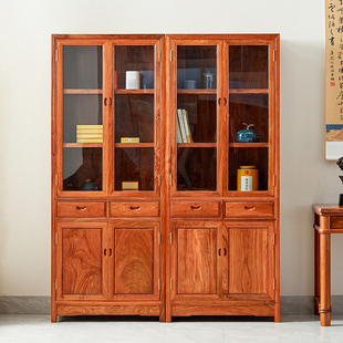 花梨木书柜实木家用玻璃门中式置物柜书架，红木家具刺猬紫檀书橱柜