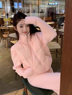 韩系粉色针织拼接立领棉服外套女冬季设计感甜美百搭宽松加厚棉衣