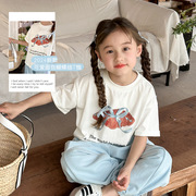 女童白色丝带蝴蝶结印花T恤夏季女童半袖衫韩版宽松面包儿童短袖