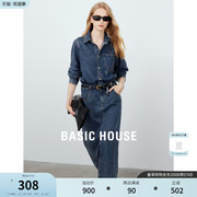 Basic House/百家好复古牛仔连衣裙女春季气质收腰衬衫裙