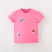 玫红草莓纯棉女童短袖t恤夏季儿童圆领打底衫，童装宝宝洋气上衣潮