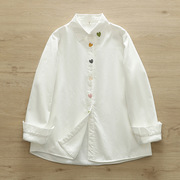 日本无印风刺绣加绒加厚长袖休闲上衣女外套纯棉白色打底衬衣潮