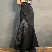 暗黑哥特龙印花复古中国风半身裙长裙欧美设计感绑带大摆裙