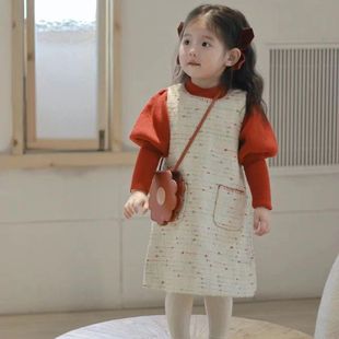 韩版女童2023秋冬彩点无袖背心裙女宝宝保暖泡泡，袖针织毛衣潮