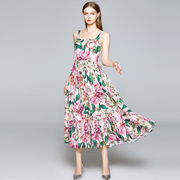 夏季欧美大牌玫瑰印花吊带长裙子，很仙的气质女神，范无袖(范无袖)连衣裙