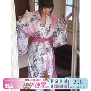 qsc原创设计粉色豹纹三件套宽松外套披肩长袖长款浴衣连衣裙晨袍