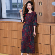 杭州重磅真丝桑蚕丝连衣裙夏季中老年妈妈装龟纹香云纱大码长裙子
