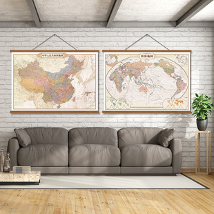 实木复古中国挂图地图世界，办公室书房客厅装饰画，墙面挂画墙画壁画
