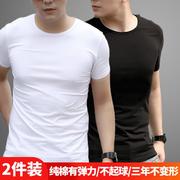 2件男士短袖t恤白色，夏季莱卡棉紧身体恤，圆领修身纯色内搭打底衫男
