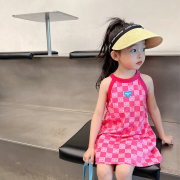 韩版夏季女童格子笑脸，吊带裙儿童无袖连衣裙宝宝，沙滩背心裙子