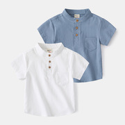 儿童短袖衬衫2022夏装男童立领纯色衬衣韩版宝宝休闲夏季上衣薄款
