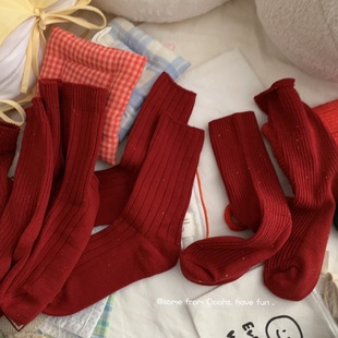 好事成双~2024新年袜大红色纯色袜子，男女中筒袜本命袜年ins堆堆袜