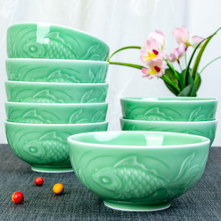 青瓷碗家用米饭碗创意，个性龙泉陶瓷碗，组合套装餐具中式5寸吃饭碗