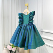 中大童钢琴礼服蓝绿渐变色，儿童礼服荷叶，边袖蓬蓬裙演出女童连衣裙