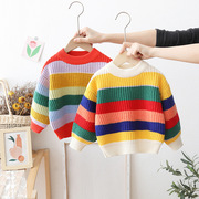 儿童条纹毛衣彩虹套头衫，冬季加厚男童女童，宝宝圆领宽松上衣针织衫