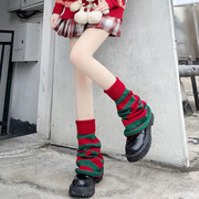 圣诞红色袜套小腿袜子女秋冬拼色条纹腿套绿色长筒袜新年jk泡泡袜