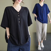 200斤胖mm衬衫棉麻大码女装宽松衬衣半袖，夏天上(夏天上)衣女胖人180斤t恤