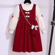 女童新年连衣裙套装，秋冬儿童冬装红色公主裙，女孩背心裙两件套