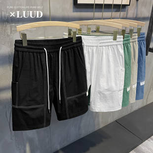 luud潮酷明线设计工装短裤，男生韩版个性抽绳夏装，休闲薄款中裤子