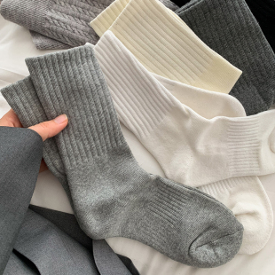 毛圈袜子女秋冬季中筒袜，纯棉加厚保暖灰色，白色毛巾睡眠冬天长筒袜
