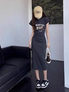 法式收腰辣妹灰色短袖连衣裙女2024夏季修身性感包臀T恤长裙