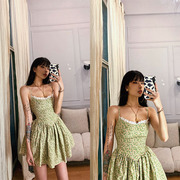 DAFEN 2021夏季高腰短裙绿色纯欲心机修身显瘦碎花吊带连衣裙