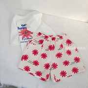 儿童纯棉夏120－160外贸运动太阳花白色短袖T恤短裤女童运动套装