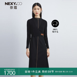 nexy.co奈蔻冬季黑色气质，100羊毛修身显瘦中长款a字连衣裙