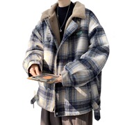 格子棉服男潮牌冬季加绒加厚翻领，羊羔绒外套港风工装卫衣夹克