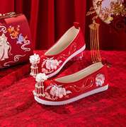 高档红色配秀禾服婚鞋女中式新娘结婚汉服鞋子内古风绣花鞋布