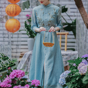 中国风连衣裙女士立领高腰复古风，绿竹蜻蜓刺绣配腰带文艺显瘦长裙