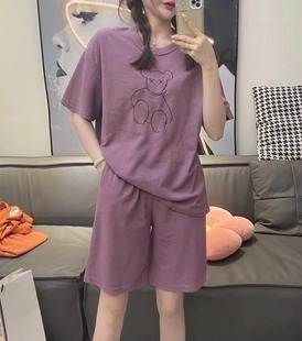 2023时尚华夫格小熊运动套装，短裤短袖睡衣女休闲家居服夏薄款套装