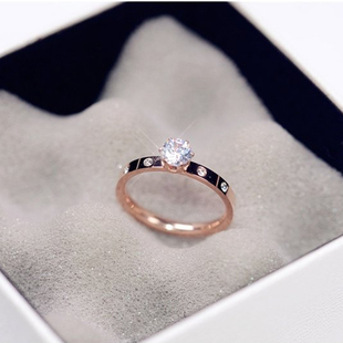 简约闪亮单钻求婚戒指女镀18k玫瑰金钛钢(金钛钢)食指环戒子尾戒设计小众