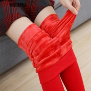 加绒加厚红色打底裤女冬季大红色连裤袜结婚本命年外穿保暖裤