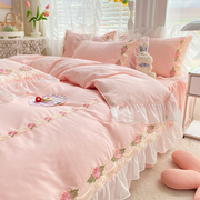 床裙款四件套床上用品公主风粉色床单被套少女心雪纺花边被罩床笠