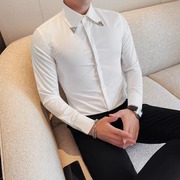 法式大尖领衬衫男士长袖，r秋冬高级感韩版修身潮流百搭休闲衬