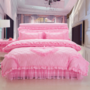 加厚被套四件套床裙式，韩式床罩1.8m夹棉蕾丝床单婚庆紫色床上用品