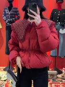 小个子设计感娃娃领短款红色羽绒服女2023冬季白鸭绒时尚外套