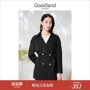 goodland美地女装，春季一手长黑色双排扣麻混纺，风衣外套