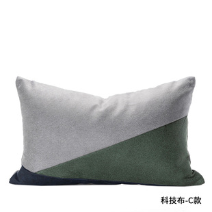 灰绿色科技布拼接款靠包靠枕 现代轻奢新中式样板房沙发抱枕腰q.