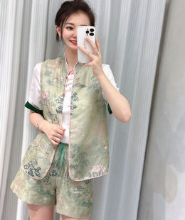 新中式国风真丝欧根纱刺绣，马甲背心短裤，套装女夏季时尚休闲两件套