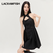 lacrawfish新中式连衣裙，复古旗袍立领镂空鱼骨，造型拼接雪纺裙子
