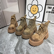 欧美超轻底厚底大黄靴女马丁靴，2023秋真皮复古磨砂皮圆头短靴